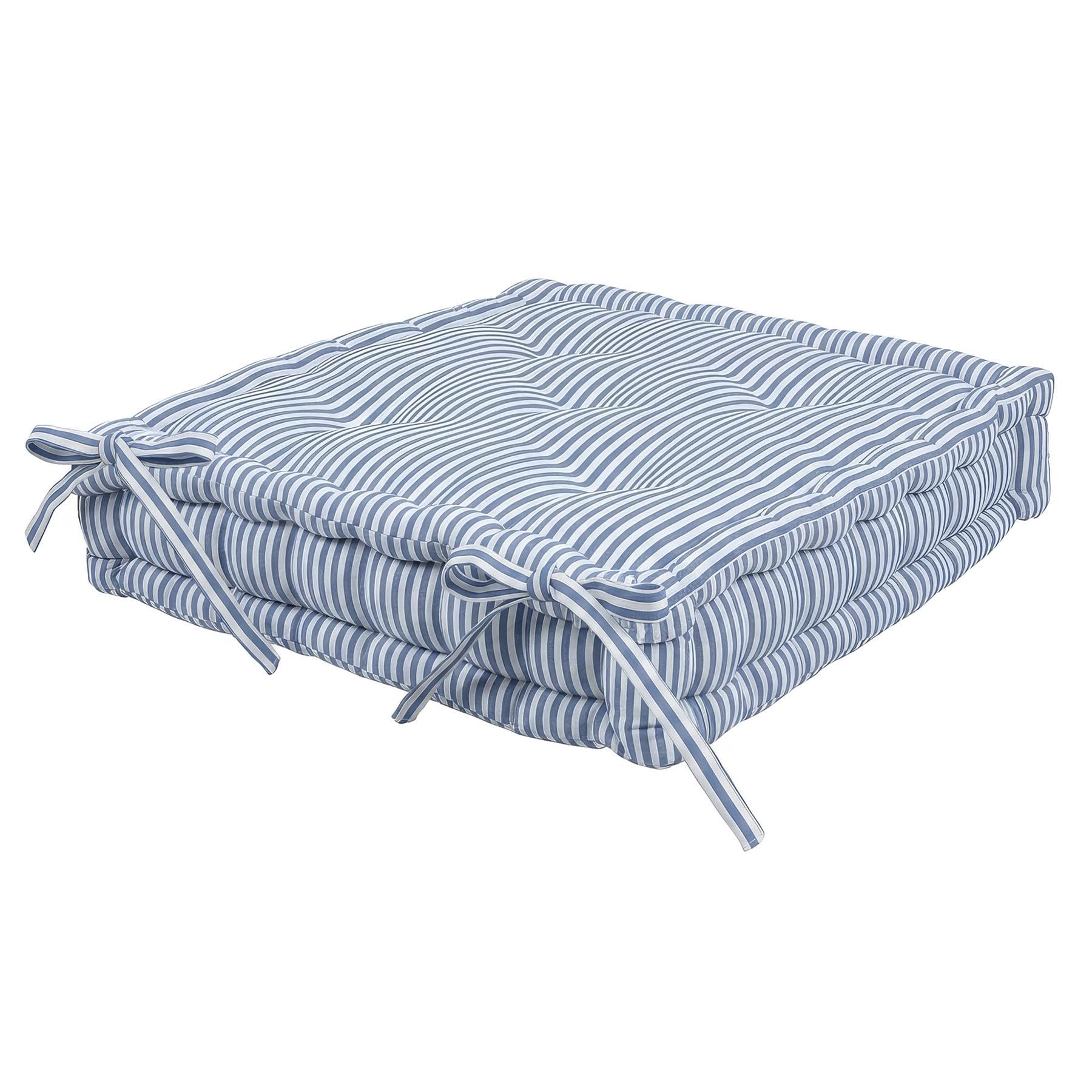 Harbour Housewares Square Seat Pad - 40 x 40cm Extra Thick Cushion with Ties, Indoor Outdoor Chair Seat Pad for Dining Chairs, Garden, Patio & Bistro Seating - Blue Stripe