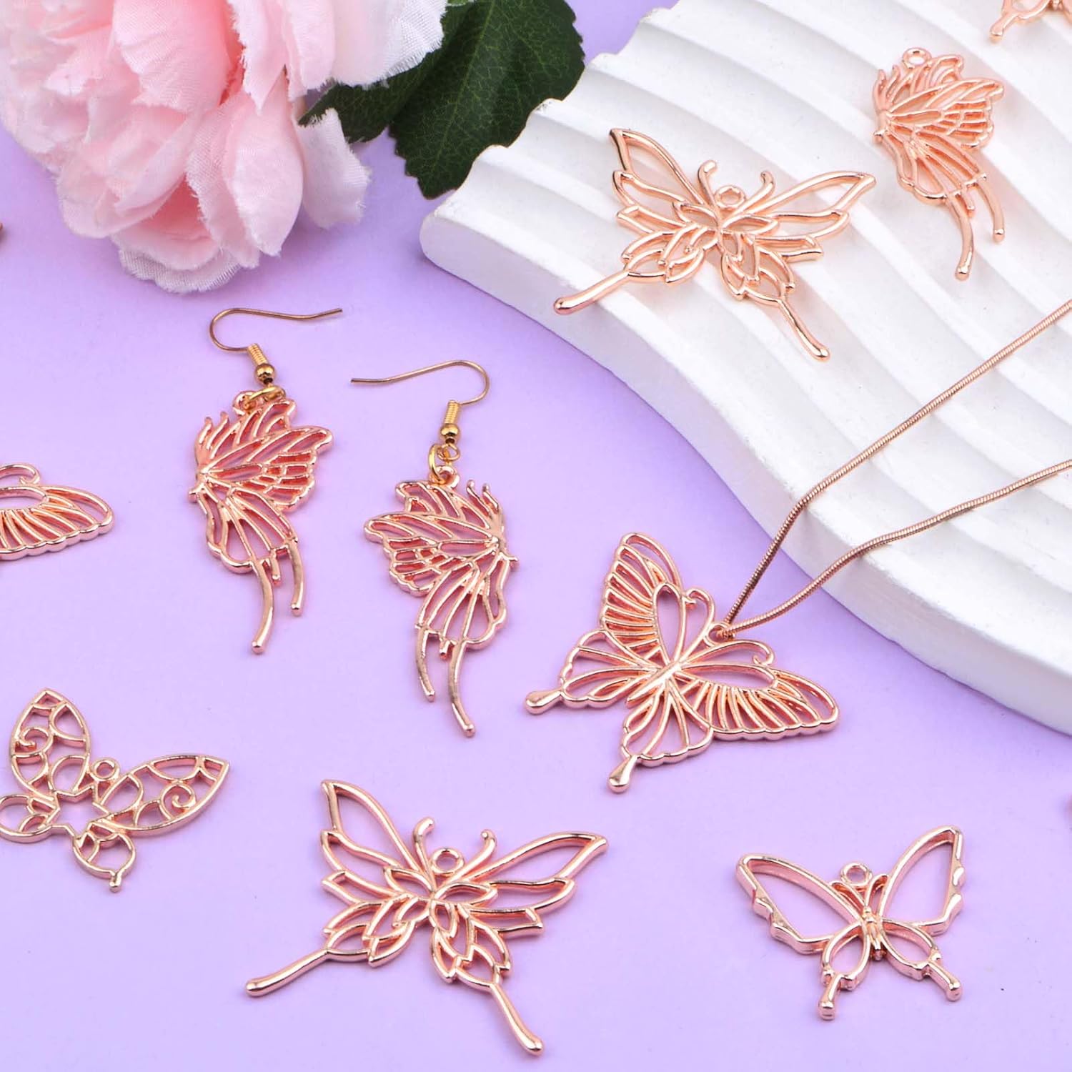 20pcs Rose Golden Butterfly Shape Open Back Bezel Pendants Alloy Hollow Butterfly Wings Frame Resin Mould Charms for DIY Necklace Earrings Jewelry Making Findings, 5 Styles - Image 7