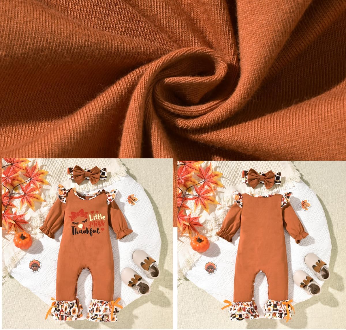 Unutiylo Baby Girl Thanksgiving Christmas Outfit My First Holidays Romper Ruffle Sleeve Jumpsuit with Headband Set