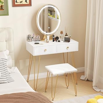 COSTWAY Dressing Table and Stool Set with Detachable LED Lights Mirror, Adjustable Brightness, 2 Drawers and 16-Grid Makeup Box, Bedroom Dresser Cosmetics Makeup Table Vanity Desk White