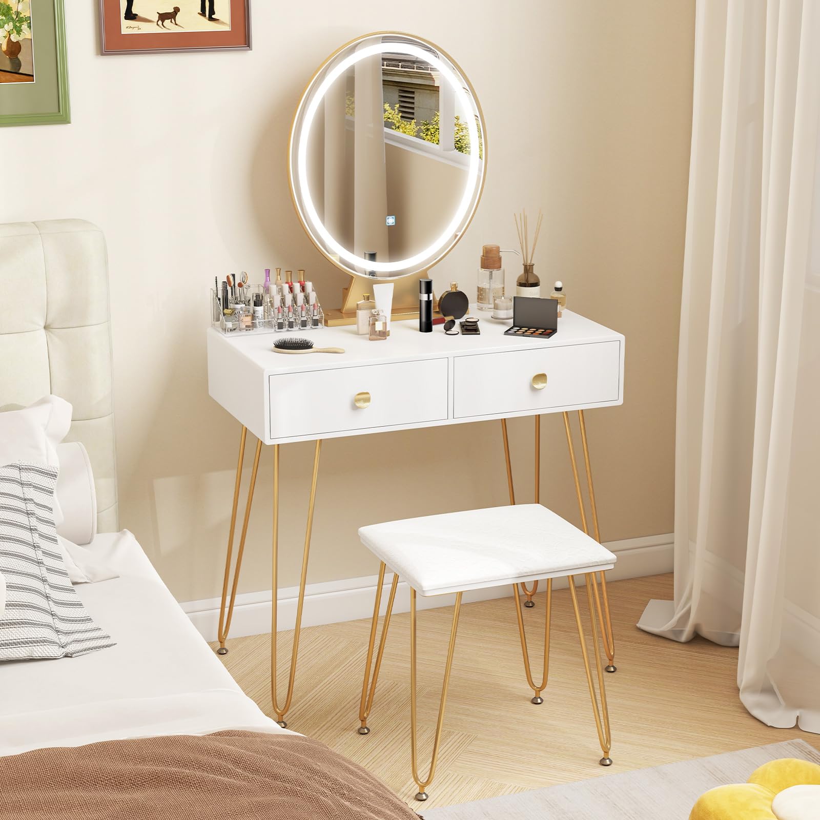 CHARMAID Makeup Vanity Table with Lighted Mirror, Vanity Desk with 2 Large Drawers, Adjustable 3 Lighting Modes, Modern Girls Bedroom Vanity Table with Chair for Small Spaces, White & Gold