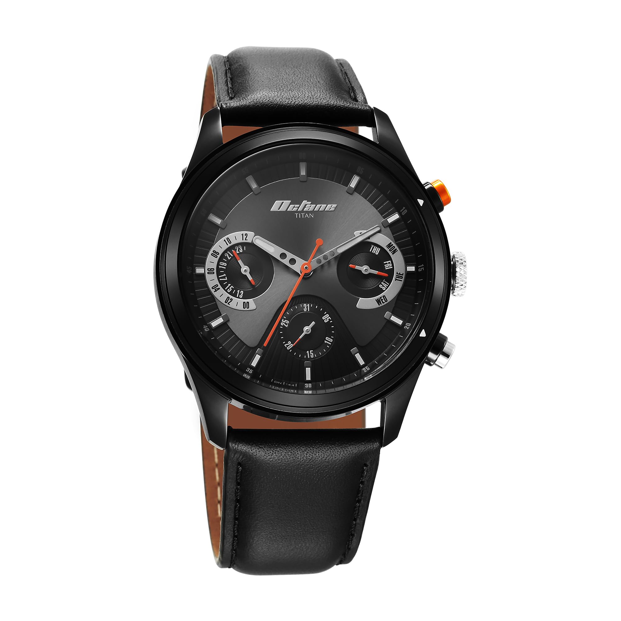 Titan Octane Quartz Multifunction Black Dial Black Leather Strap