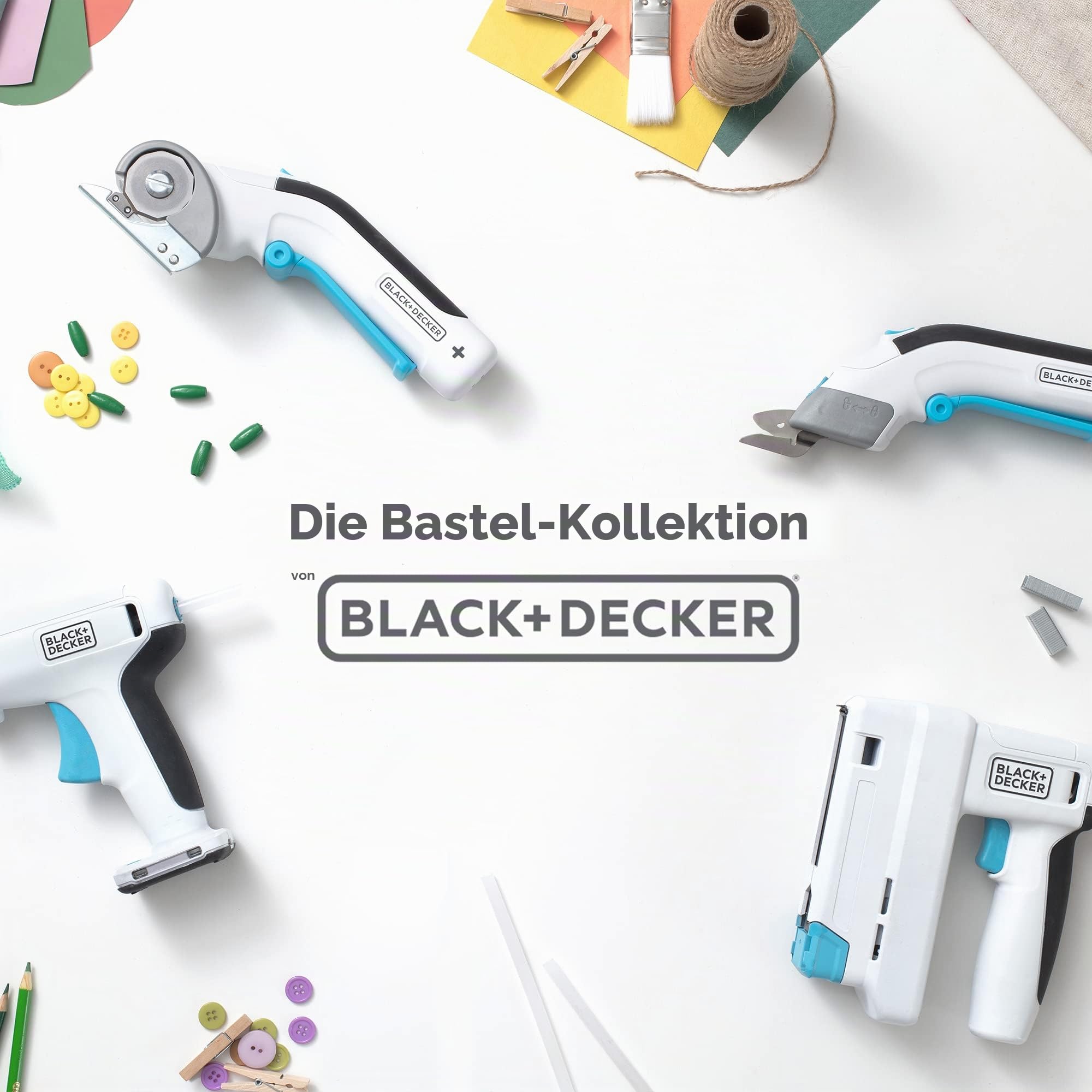 BLACK+DECKER 3.6V Universalschneider Akku (kabellos, Rotationsschneider für präzise Schnitte in Stoff, Papier, Pappe, Kunststoff, mit selbstschärfender Klinge, inklusive USB-C Ladekabel) Weiß/Blau