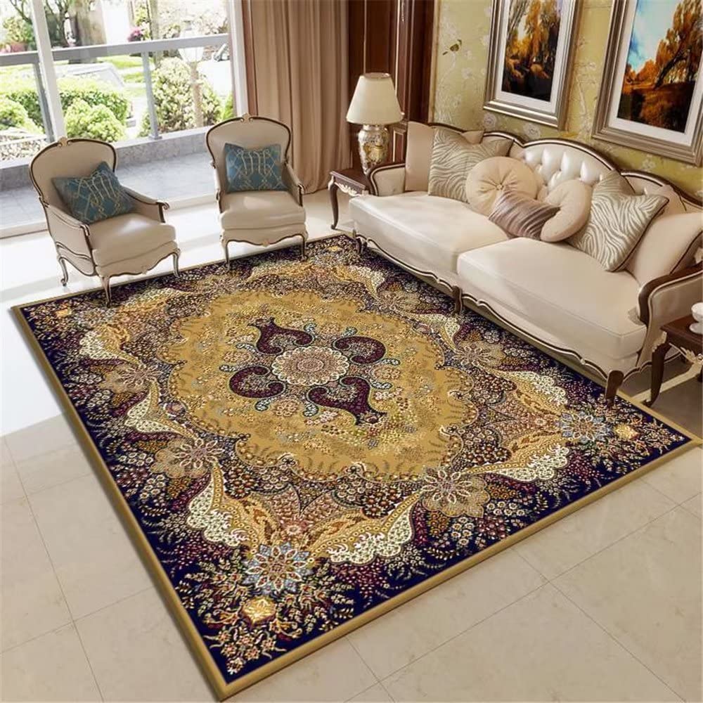 Tapis durable grand format jaune rétro à motifs floraux géométriques pour salon et chambre ado