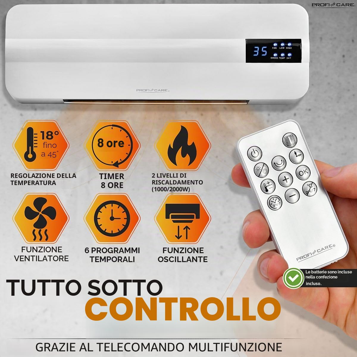 ProfiCare® Termoventilatore da parete con rilevamento aperto, radiatore fino a 60 mq, riscaldamento elettrico per montaggio a parete, con materiale di montaggio, riscaldamento con cavo da 1,5 m,