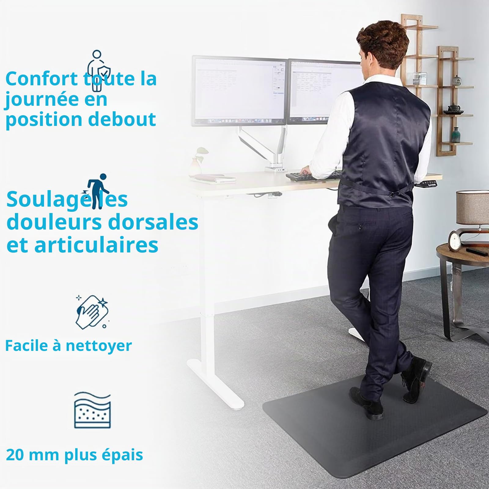 Tapis anti-fatigue WODSTA de 20 mm d'épaisseur, antidérapant, facile à nettoyer, aide à soulager la fatigue des jambes et les douleurs dorsales pour cuisine, bureau, buanderie, etc. (440 mm x 720 mm x