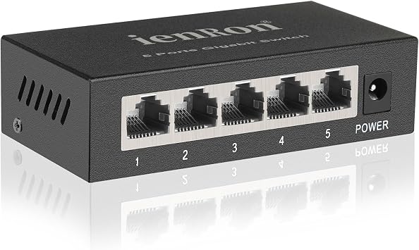 5 Port Gigabit Ethernet Switch, 1000Mbps Network Hub, Plug & Play, Fanless Metal Housing, Wall/Desktop Mount for Home/Office/Gaming/Streaming , Black