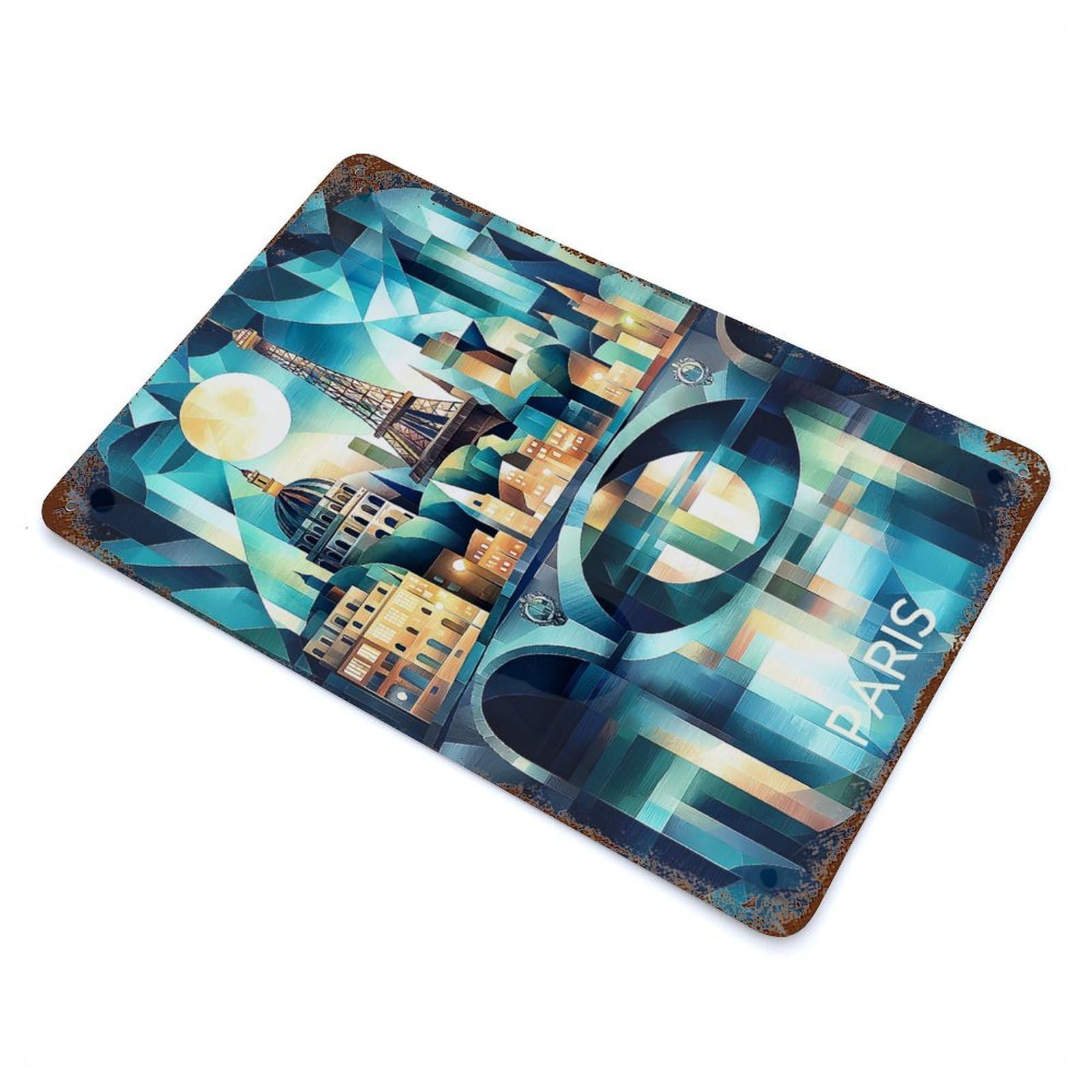 Cubist Paris Skyline with Eiffel Tower And Seine Rust Effect Tin Sign 11.8"x7.9", Industrial Home Decor for Garage, Bar And Workshop Decor