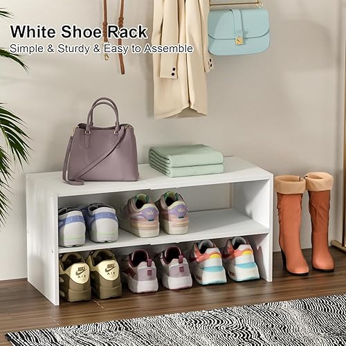 Miniatura 3 de Paquete de 2 zapateros blancos para armario, estante pequeño expandible de 2 niveles, organizador de zapatos apilable de madera de hierro, estantes