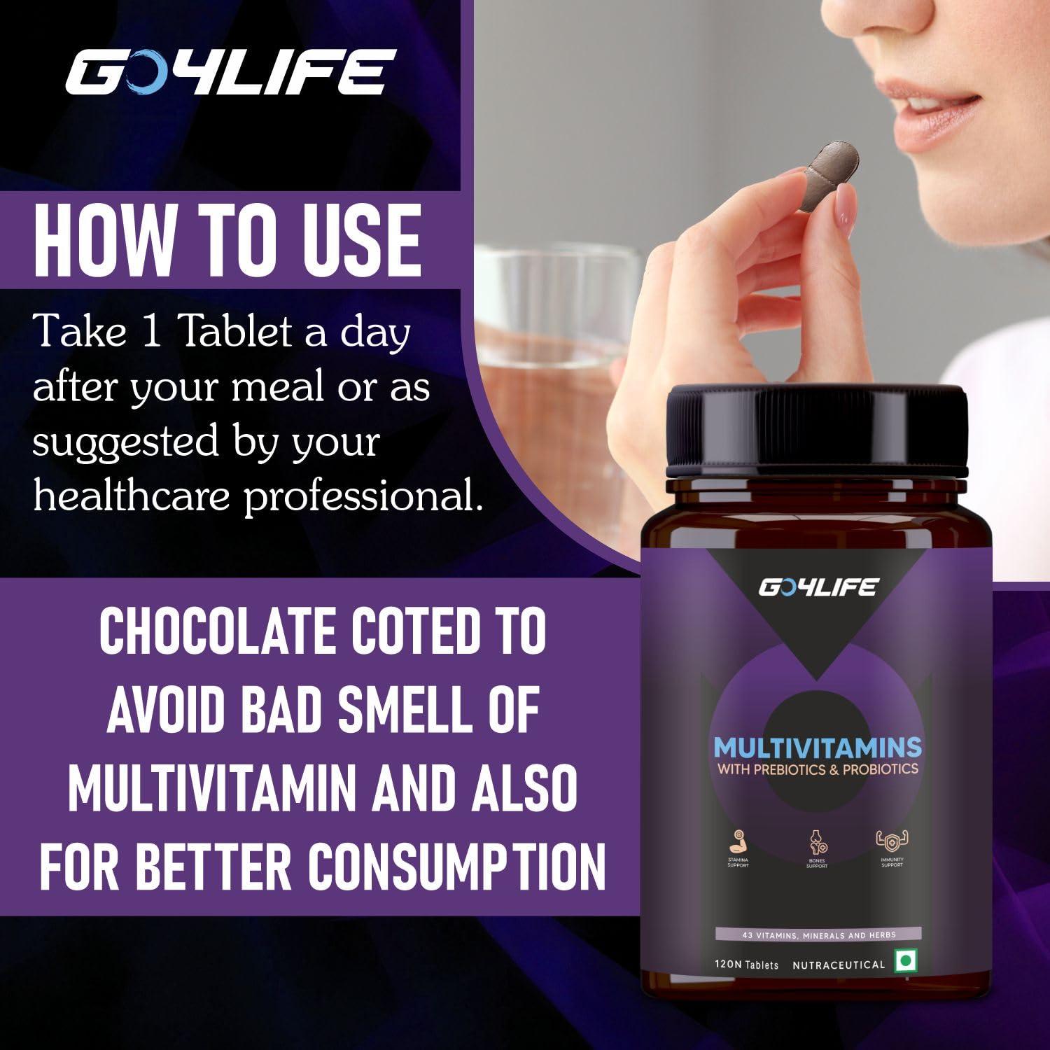 GO4Life Multivitamin prebiotics and probiotic with 43 essential vitamins and minerals like vitamin B12, C, D, D, E, Zinc and Biotin for men and women- 120 tablets packs GO4Life Multivitamin prebiotics and probiotic with 43 essential vitamins and minerals like vitamin B12, C, D, D, E, Zinc and Biotin for men and women- 120 tablets packs