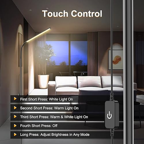 Miniatura 3 de Lámpara de pie de 15W con control táctil, brillo ajustable 3500K-7000K, lámpara de pie LED de cuello de ganso de 360, lámpara de pie para cuidar los