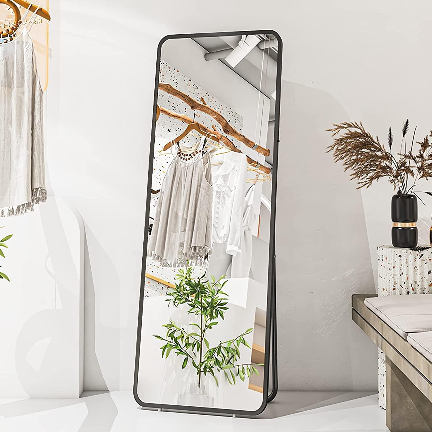 Loop Group Glass Full Length Rectangular Shape Mirror 110X40Cm, Free Standing Or Hanging Mirror, Black Frame Floor Mirror, Dressing Mirror For Living Room Bedroom Hall Showroom (Black)-image-8