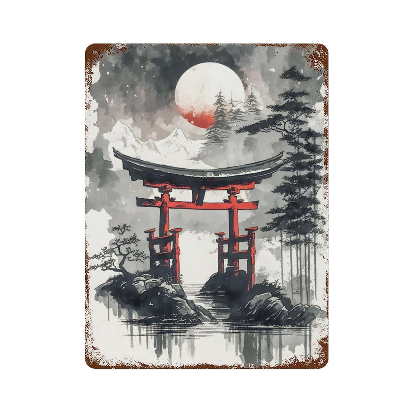 Japanese Torii Gate Ink Decorative Tin Sign 15.7"x11.8", Old School Wall Decor for Garage, Pub Or Kitchen
