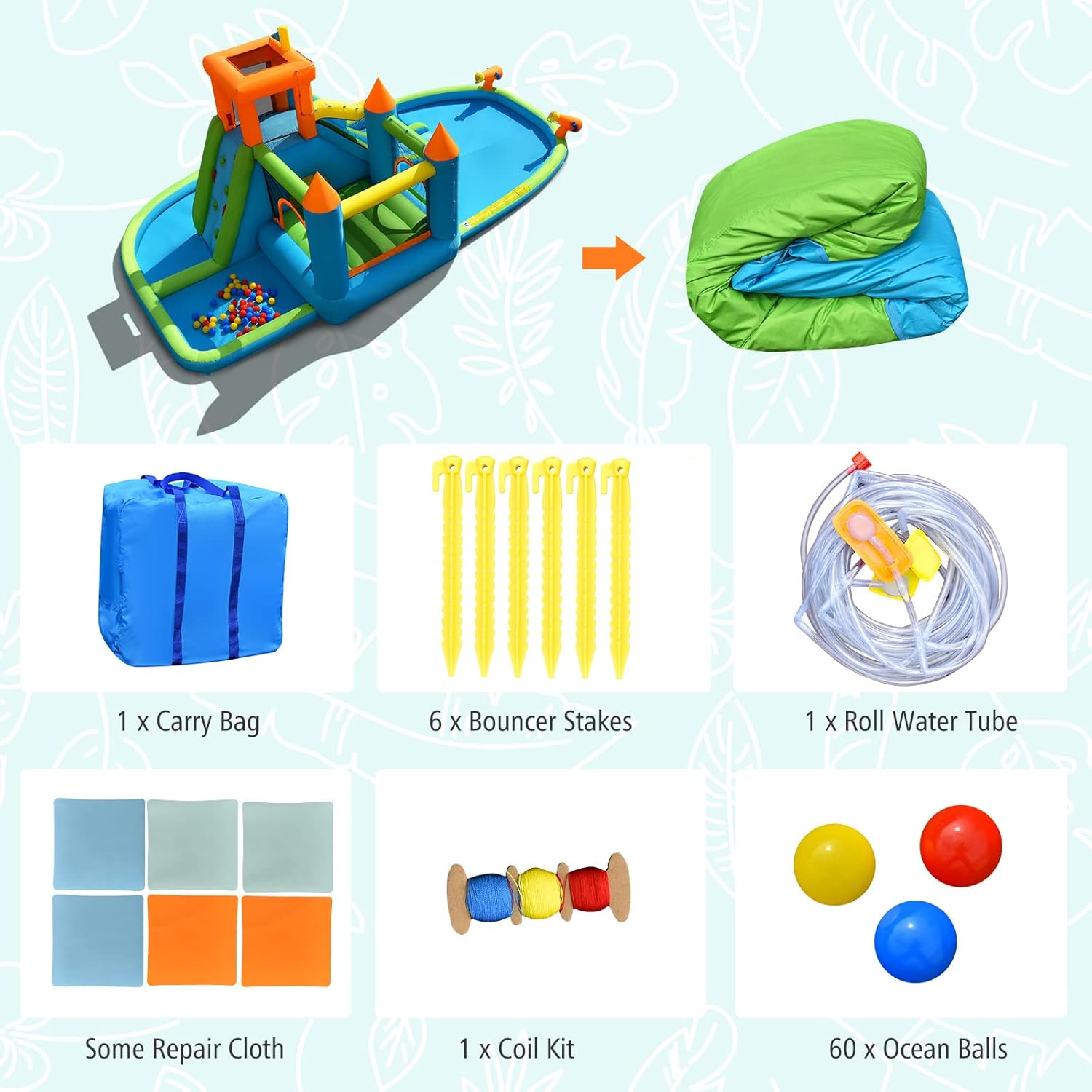 OLAKIDS Inflatable Water Slide, 8 in 1 Jumping House with Slide, Climbing Wall, Splash Pool, Tunnel, Column, 2 Water Guns, Outdoor Bouncing Park with Carrying Bag, Stakes (Without Blower)