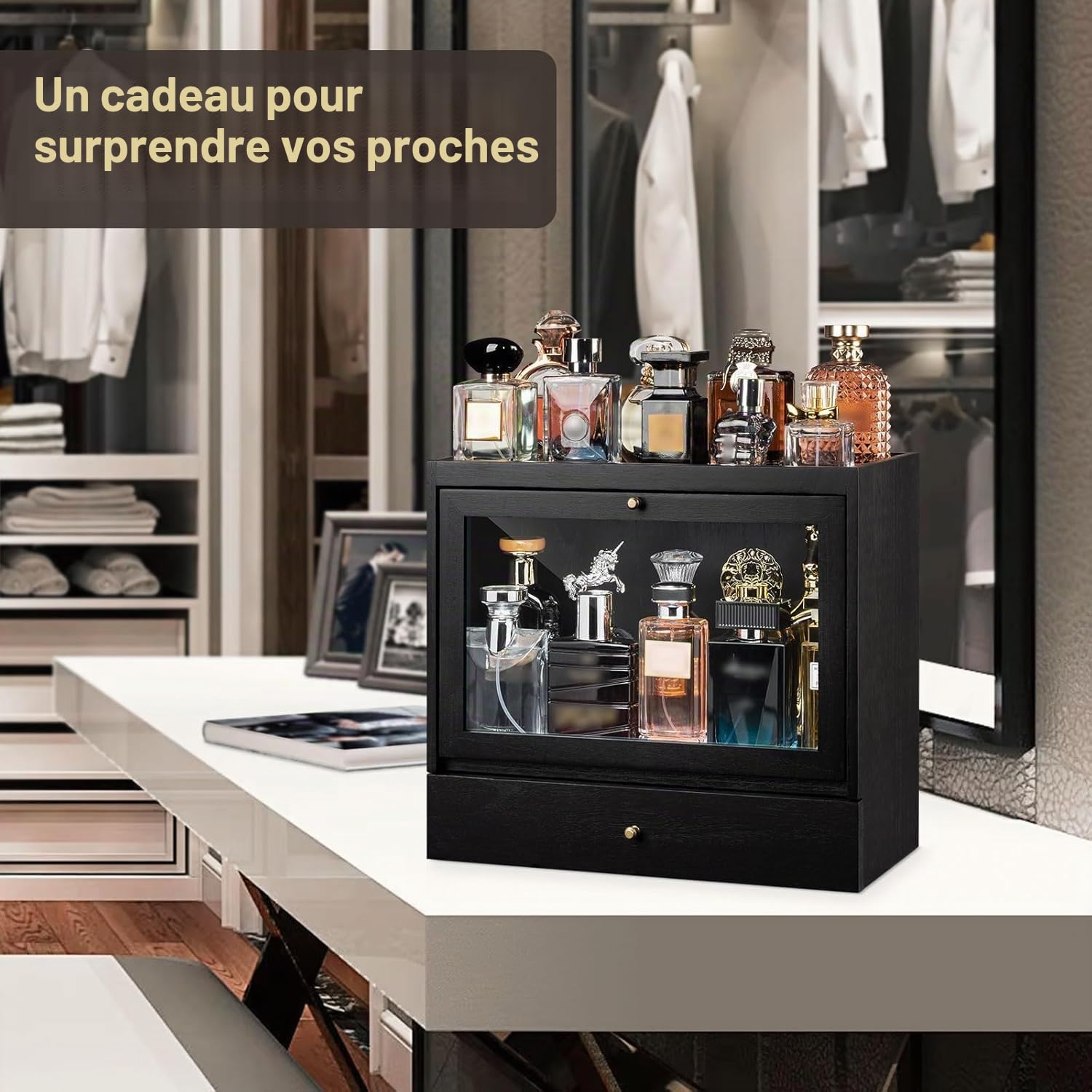 Rangement Parfum Homme, Porte Parfums en Bois, Grande Capacité Organisateur Parfums avec Tiroir, Présentoir Parfum pour Parfums, Bijoux, Excellent Cadeau (Noir)
