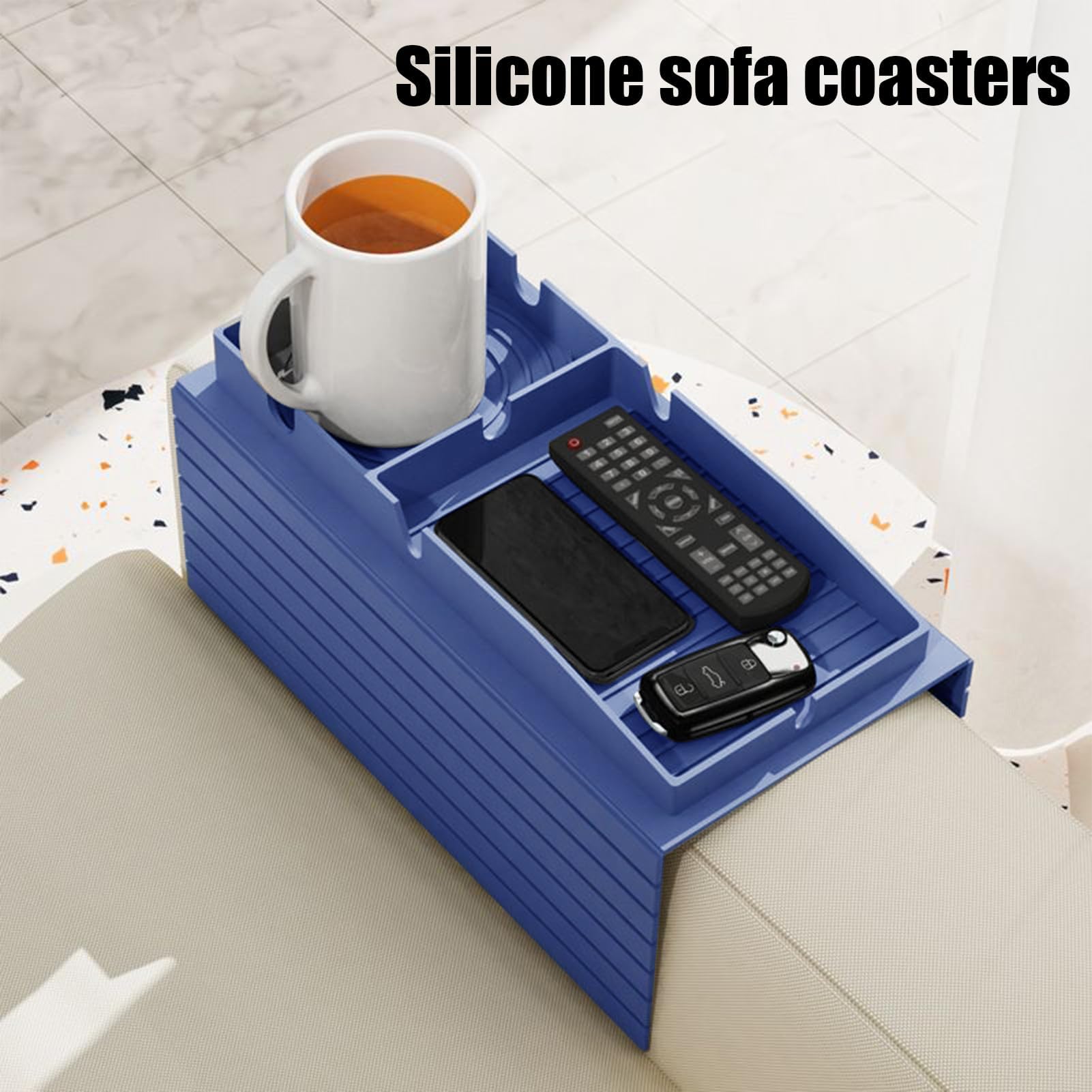 Mesa con bandeja para reposabrazos de sofá, mesa auxiliar antideslizante con soporte para bebidas, aperitivo para control remoto, teléfono y tazas, perfecta para uso en sala de estar
