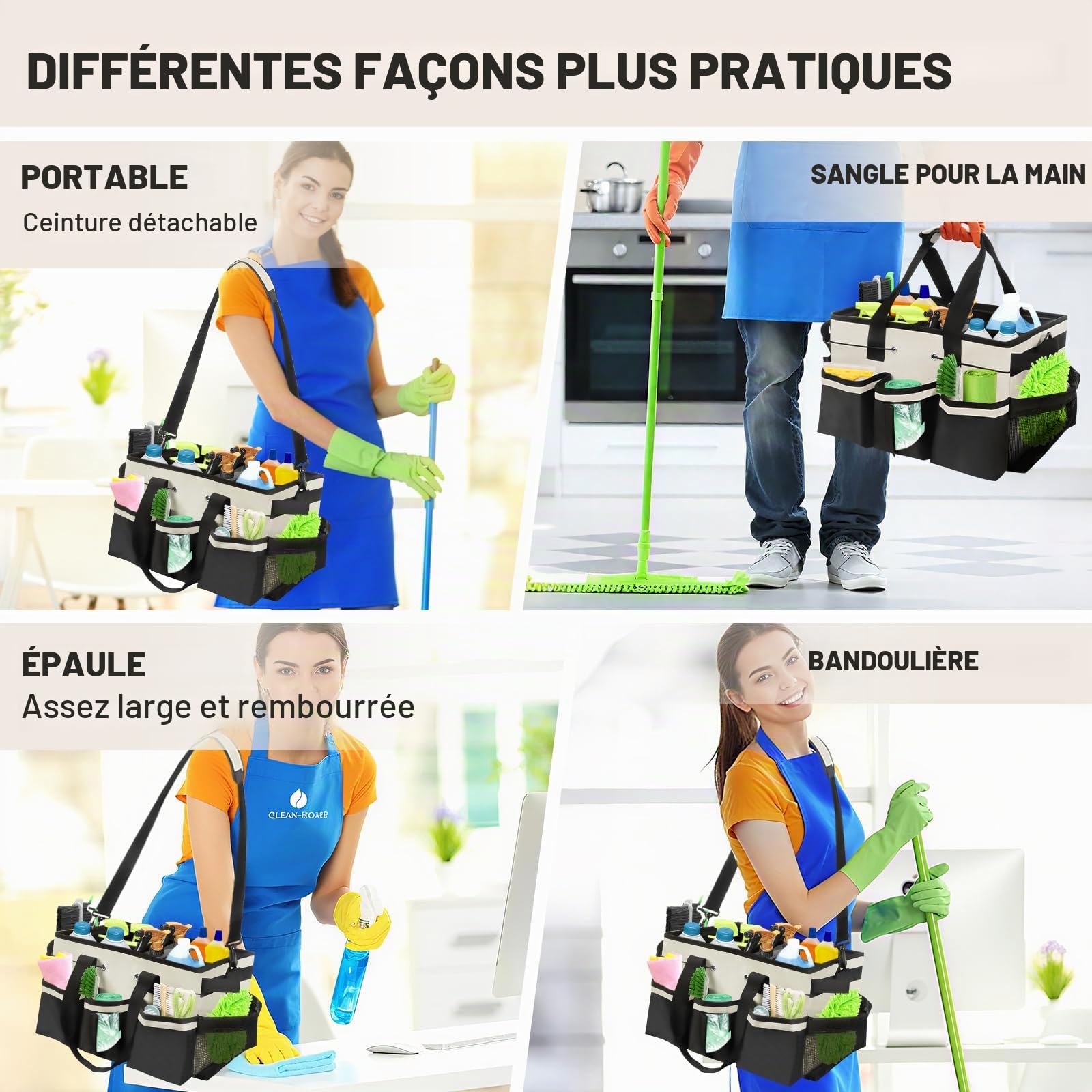 Qivine Grand Panier Rangement de Nettoyage, 5 Compartiments Seau de Rangement avec Séparateur Réglable, Organisateur de Caddie Sac de Nettoyage avec Poignée pour la Maison et la Voiture (Blanc)