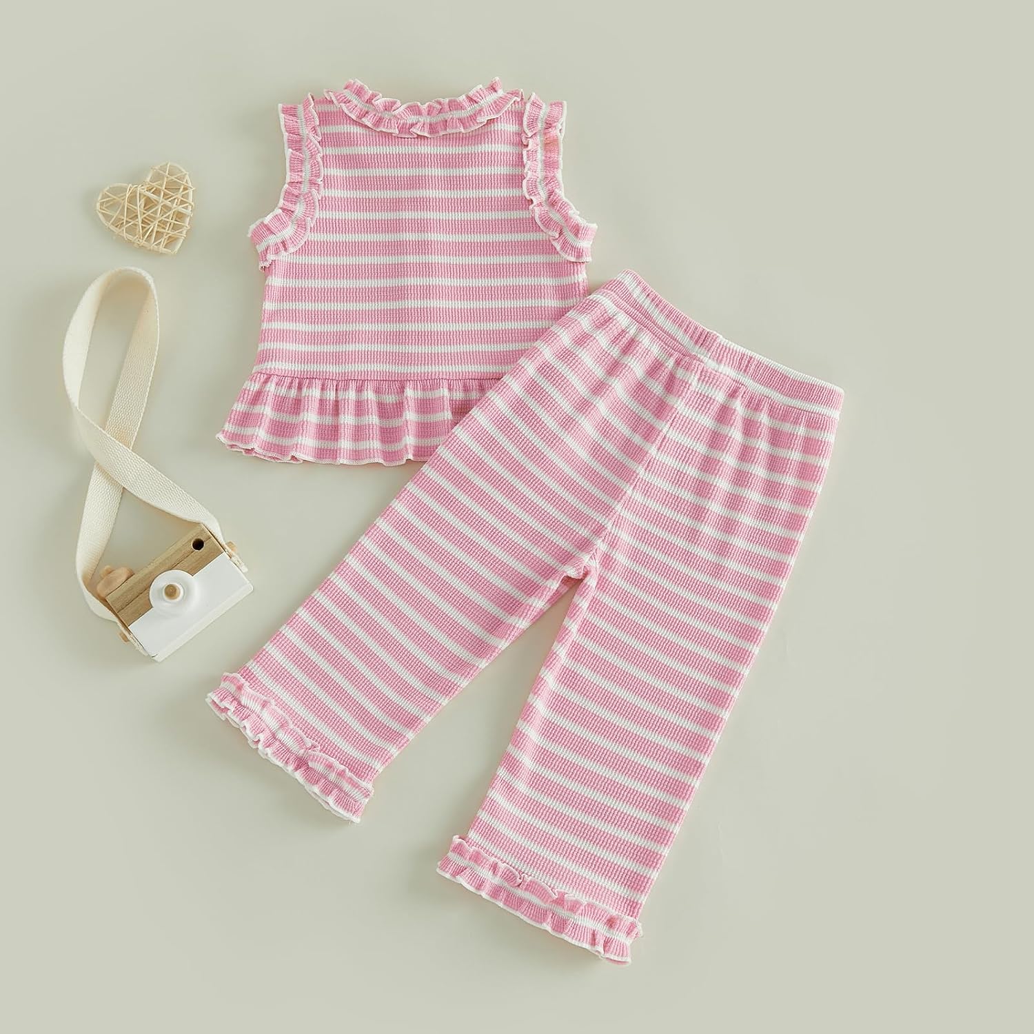 Hekkomird Baby Girl Cute Bow Print Sleeveless Strap Tank Tops Elastic Waist Flare Pants Toddler Summer Outfits
