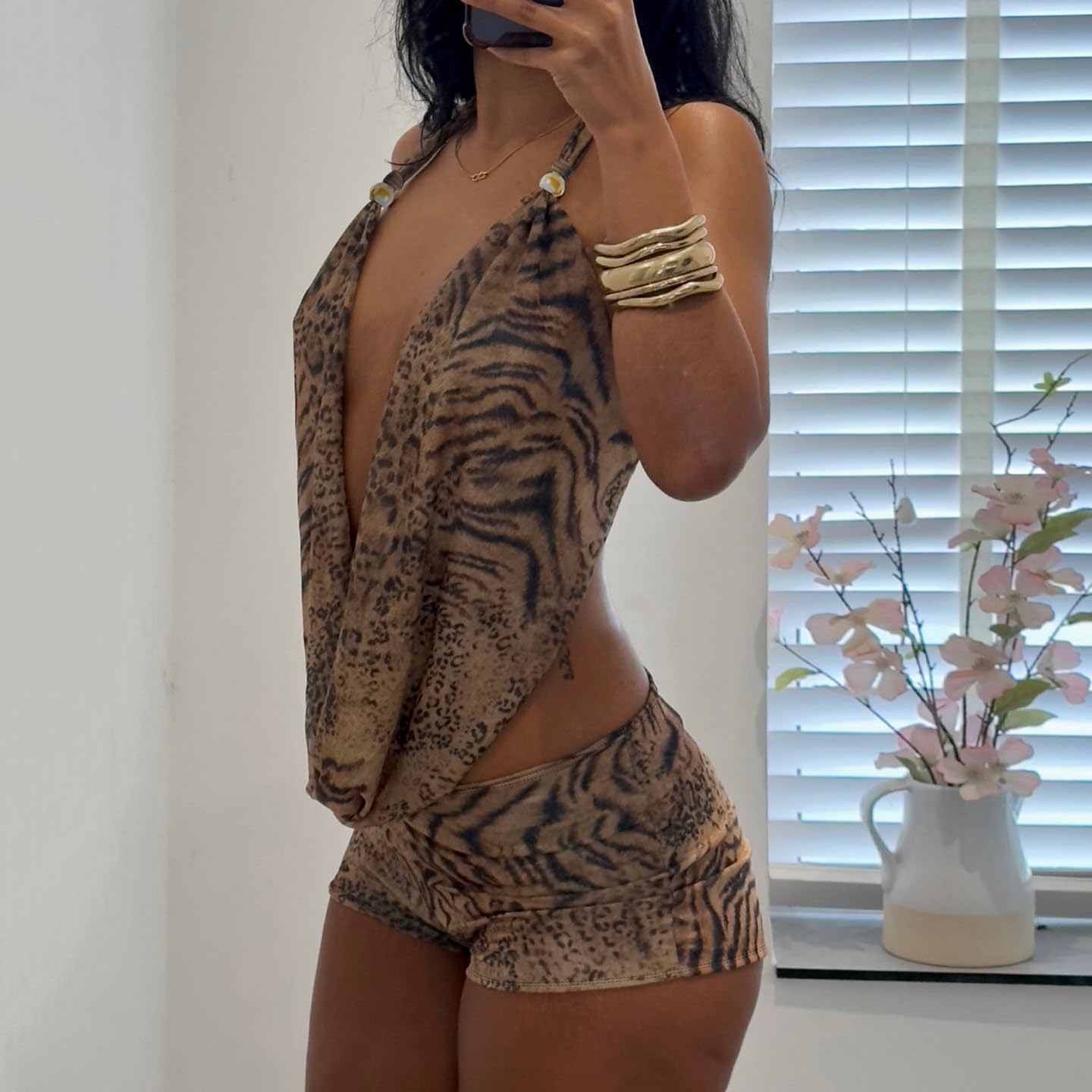 Two Piece Outfits for Women Sexy Deep V Neck Backless Halter Top Bodycon Shorts Sets Club Outfits