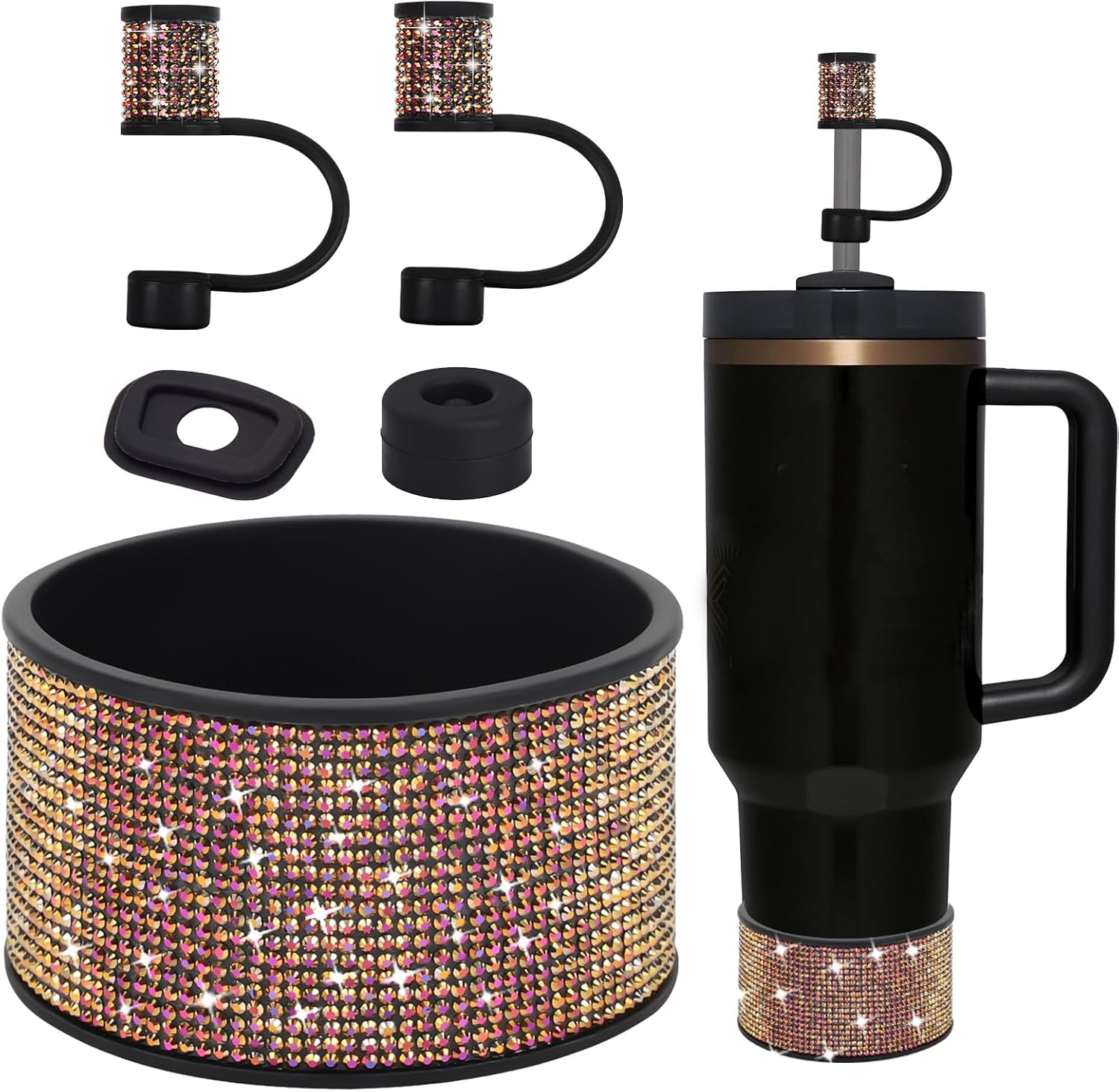 Rhinestone Stanley Cup Accessories Set Including 0.4in Bling Straw Covers, Spill Proof Stopper, Diamond Glitter Silicone Boot for Stanley Accessories 40oz (Fit 40 oz, Black Gold)