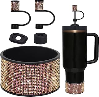 Rhinestone Stanley Cup Accessories Set Including 0.4in Bling Straw Covers, Spill Proof Stopper, Diamond Glitter Silicone Boot for Stanley Accessories 40oz (Fit 40 oz, Black Gold)