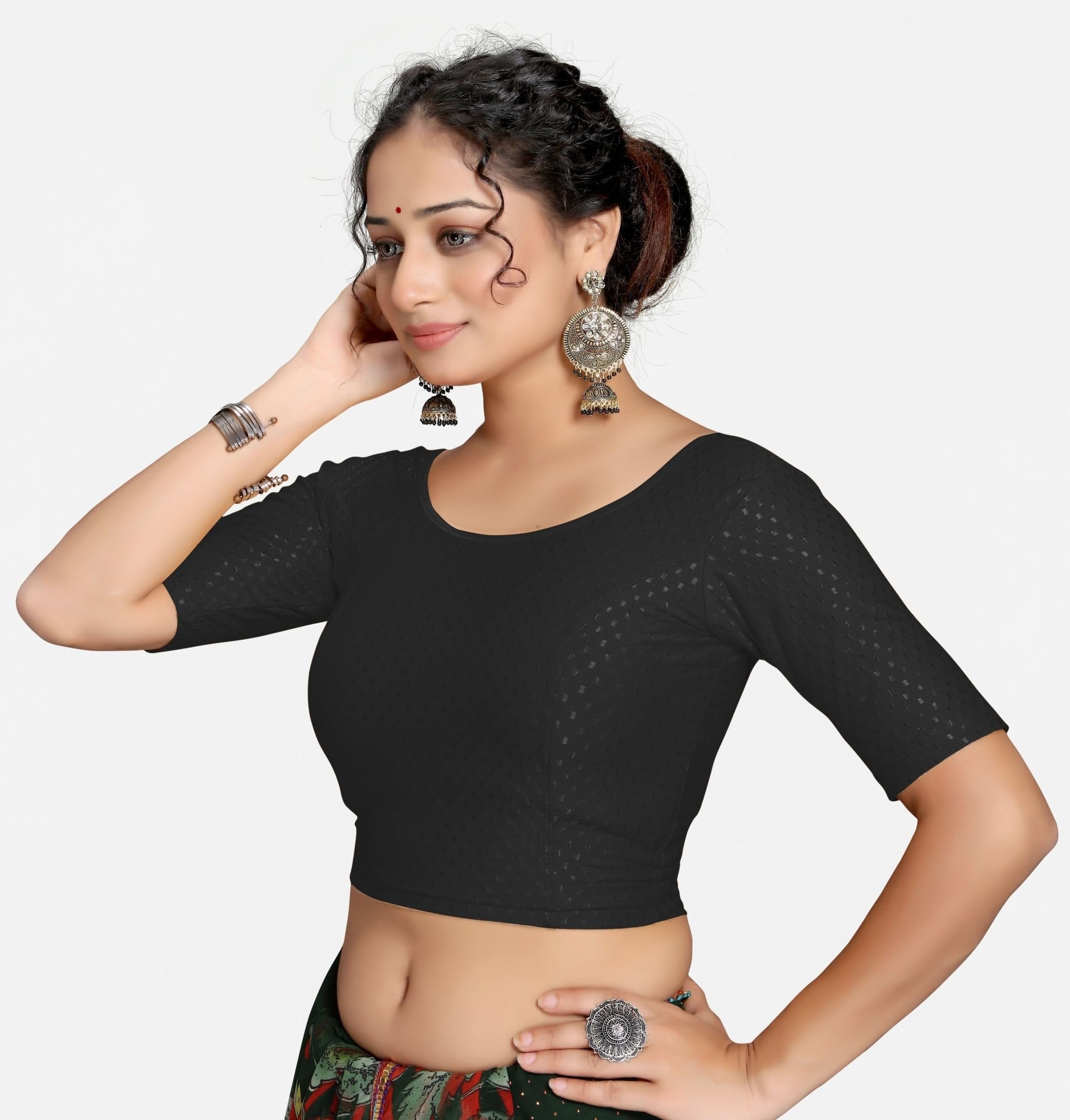 Plain Dobby Spandex Strechable Readymade Saree Blouse for Women Casual wear Comfort Blouse Round Neck Elbow Sleeves Black Size 30"-image-43