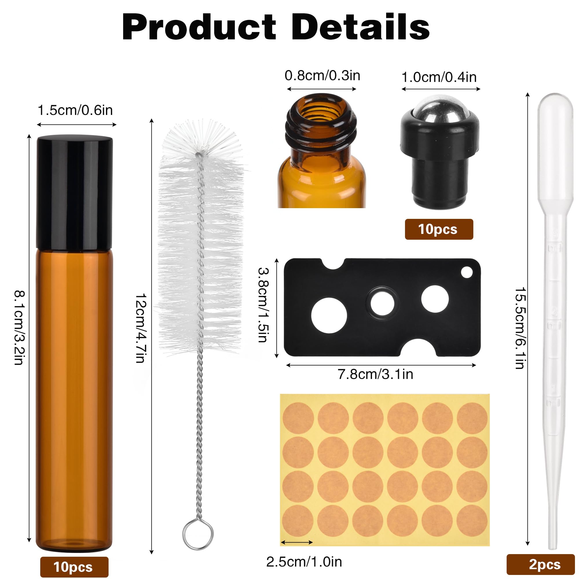 10 Pièces Roll on Vide, 10 ml Marron Bouteilles à Rouleaux D'huiles Essentielles, Flacon Roll on Huiles Essentielles avec Bille en Acier Inoxydable pour Aromathérapie, Lotions, Parfum