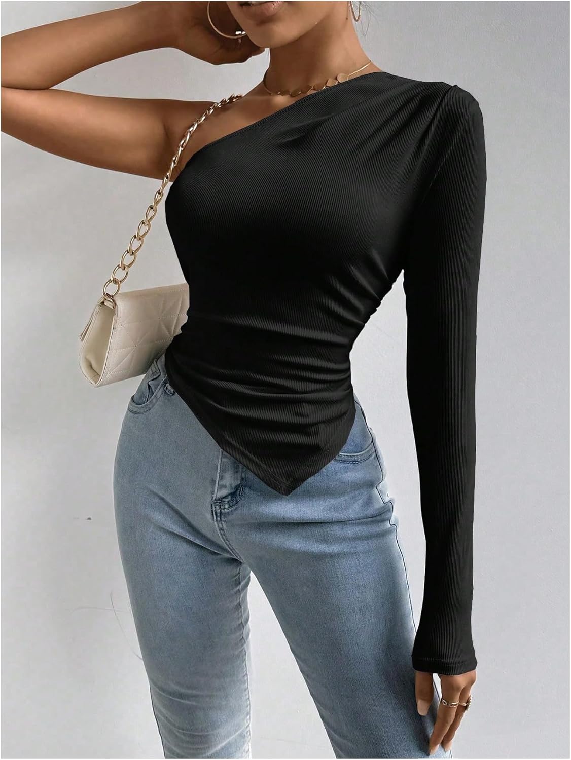 MakeMeChic Women's Rib Knit One Shoulder Ruched Tee Tops Asymmetrical Long Sleeve Slim Fitted T Shirts - Image 4