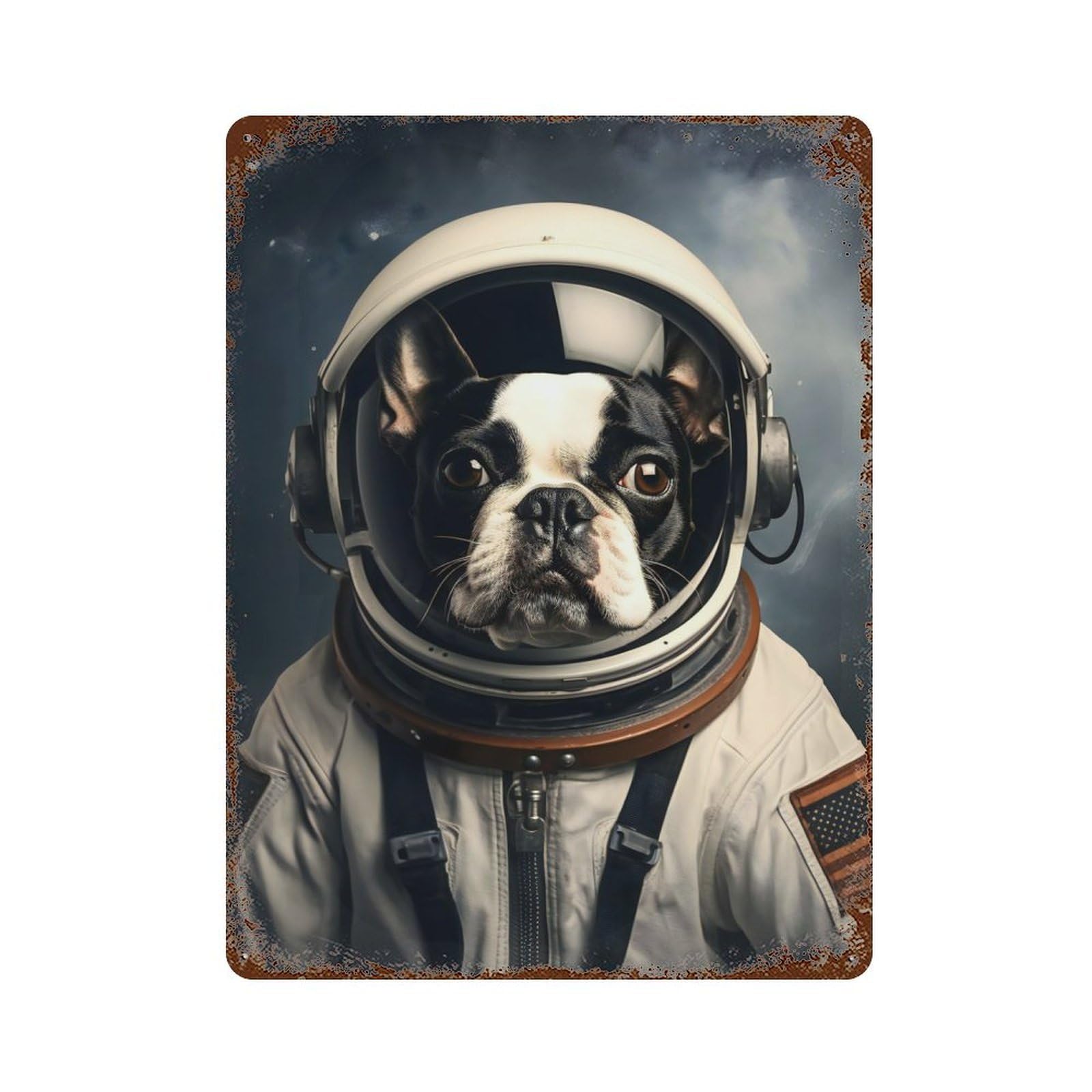 Rust Effect Boston Terrier Astronaut Rustic Tin Plaque 15.7"x11.8", Decorative Metal Wall Art for Farmhouse, Kitchen And Entryway Decor