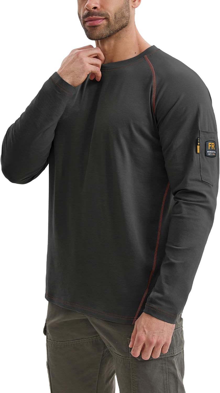 WORKWEYA FR Shirts for Men 6OZ Light Weight Welding Shirts Thumb Hole Stretch Breathable NFPA2112 CAT2 for Summer