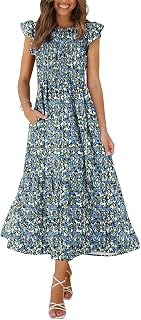 Women's Casual Maxi Dresses with Pockets Ruffle Sleeve Smocked Dress XS-2XL