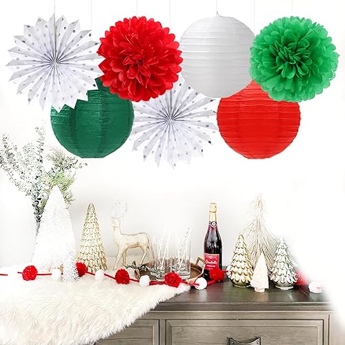 Miniatura 7 de Decoraciones de fiesta de Navidad de color rojo, verde y blanco, 20 linternas de papel italianas mexicanas, pompones de tela, bolas de panal,