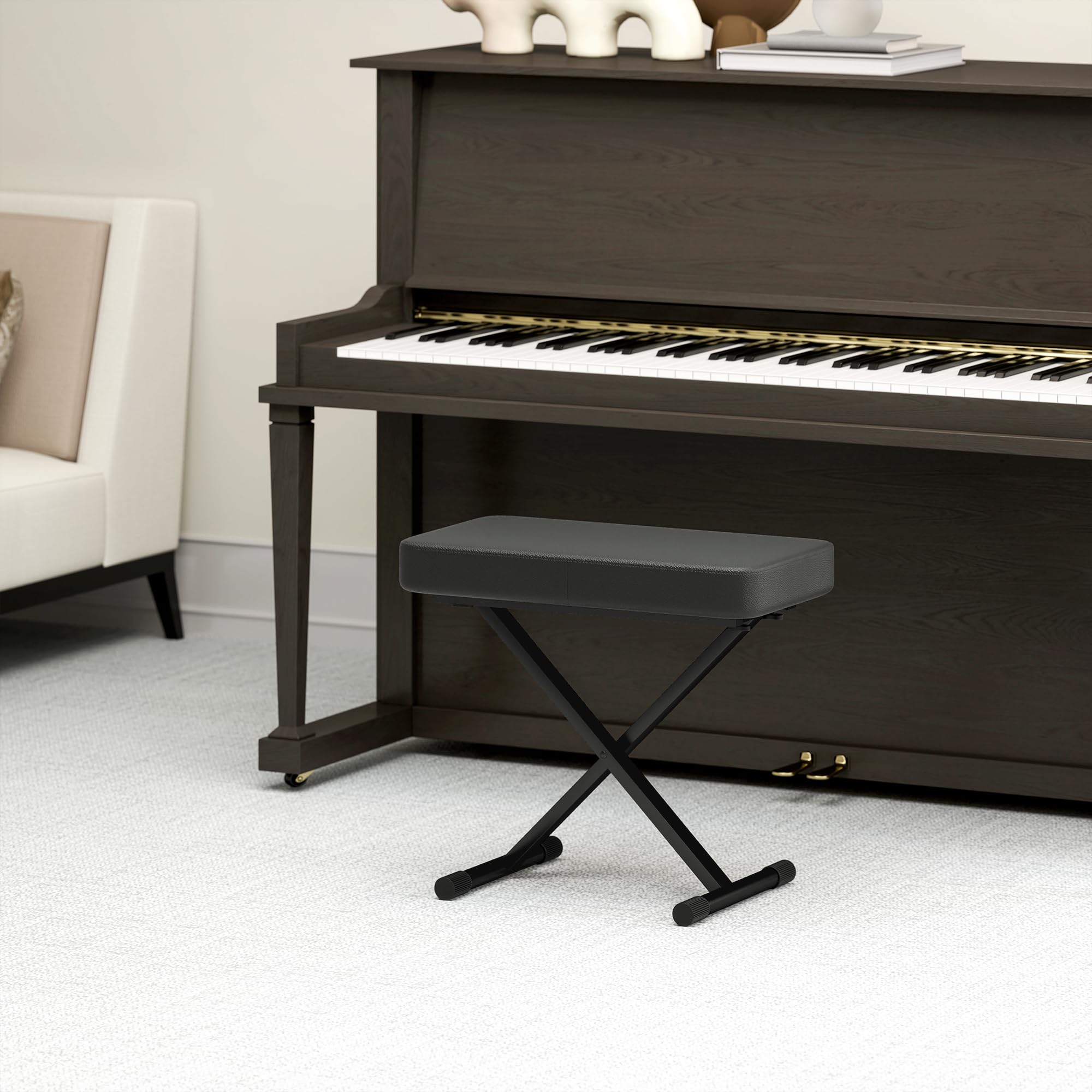 HOMCOM Sgabello per Pianoforte Pieghevole e Regolabile su 4 Altezze con Struttura a X, Panca Pianoforte in Pelle PU e Metallo con Piedini Antiscivolo, 60x32x53-63 cm, Nero