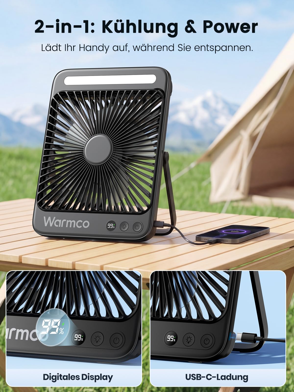 Warmco D4 Akku Camping Ventilator 20000mAh LED-Lampe 48 Std. Laufzeit Leiser Ultraflacher Ventilator Mit Display & Haken