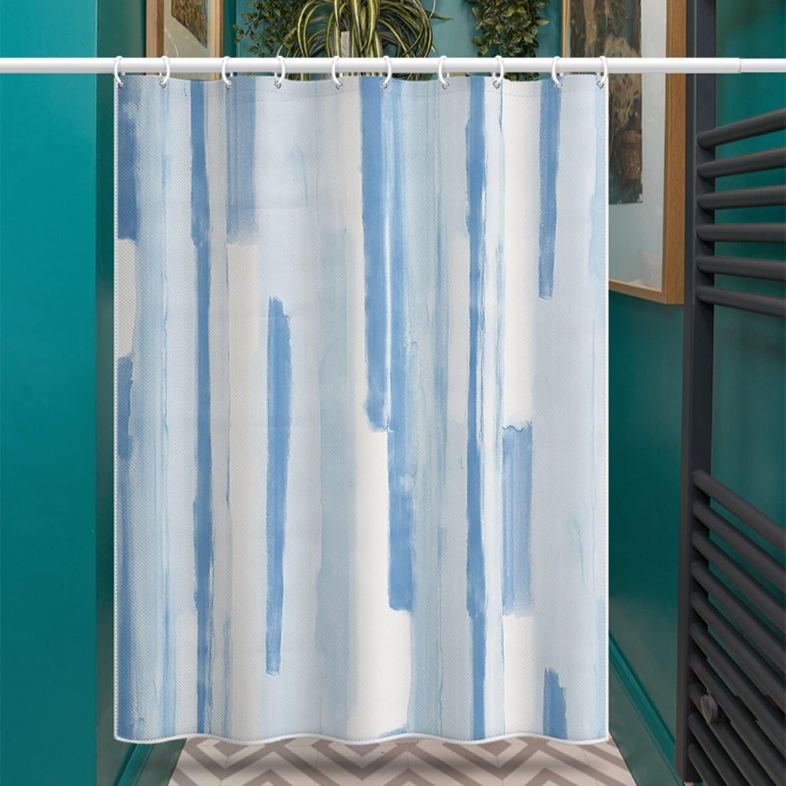Duschvorhang Antischimmel 240x200CM Blau, Polyester Duschvorhänge Für Badewannen mit ÖSEN Abstrakt Streifen Muster Badewanne Vorhang mit Haken