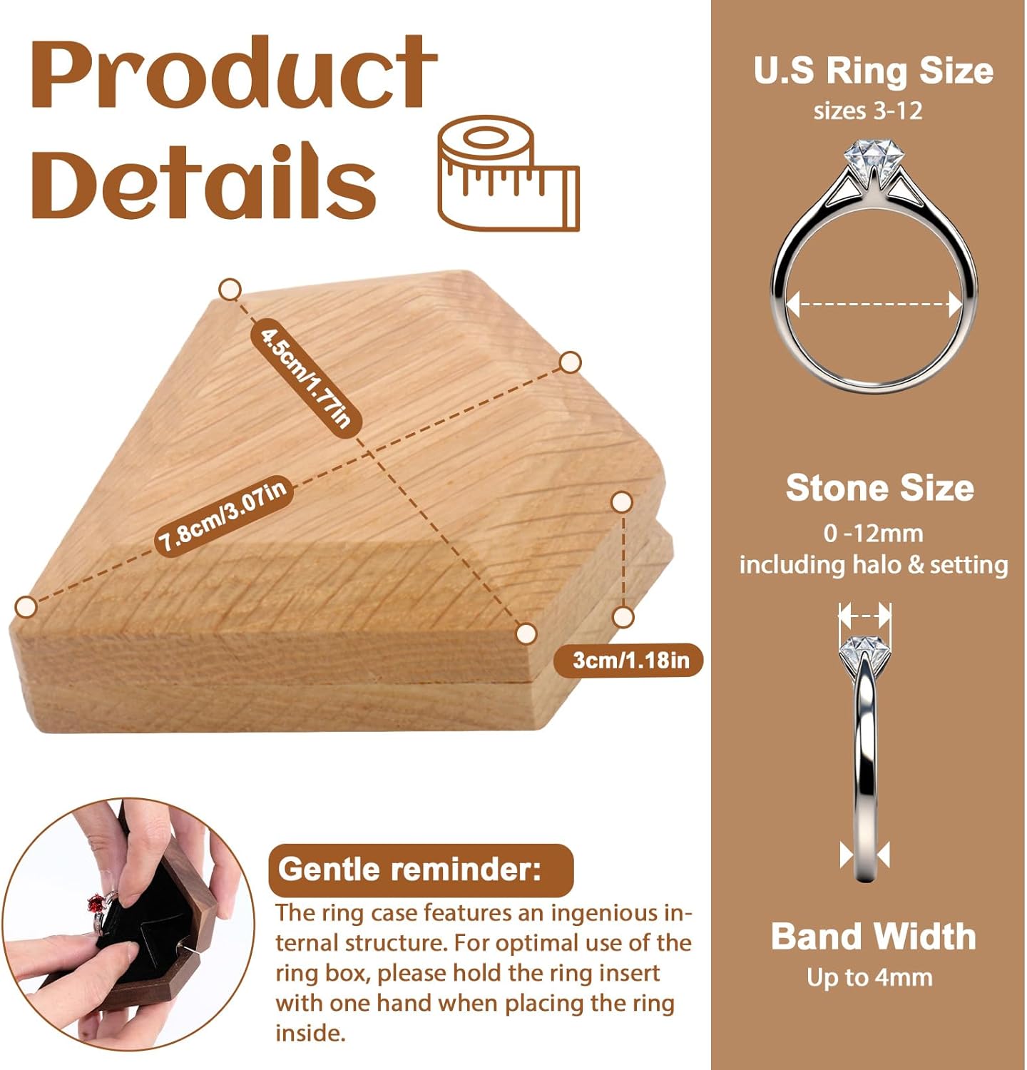 Wood Engagement Ring Box For Proposal Rotating Ring Box Case Wedding Day Jewelry Gift Box Packaging(White Oak, Diamond Shape) - Image 2