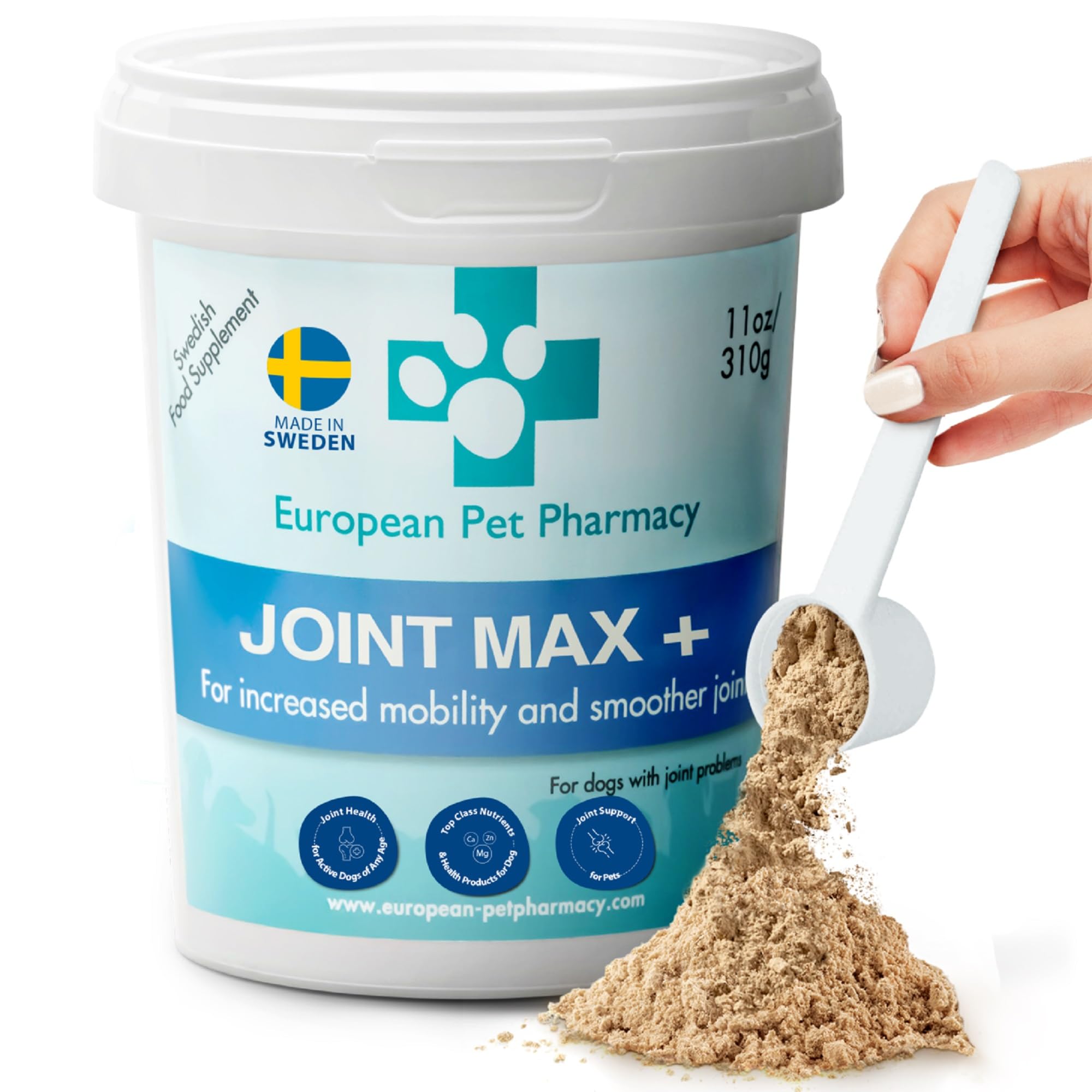 European Pet Pharmacy Joint Max+ Dog Joint Supplements — Cat Joint Supplement Nutrient Dense Formula with Green Lipped Mussel for Dogs Cats for Recovery, Mobility, All Ages, 310g Powder