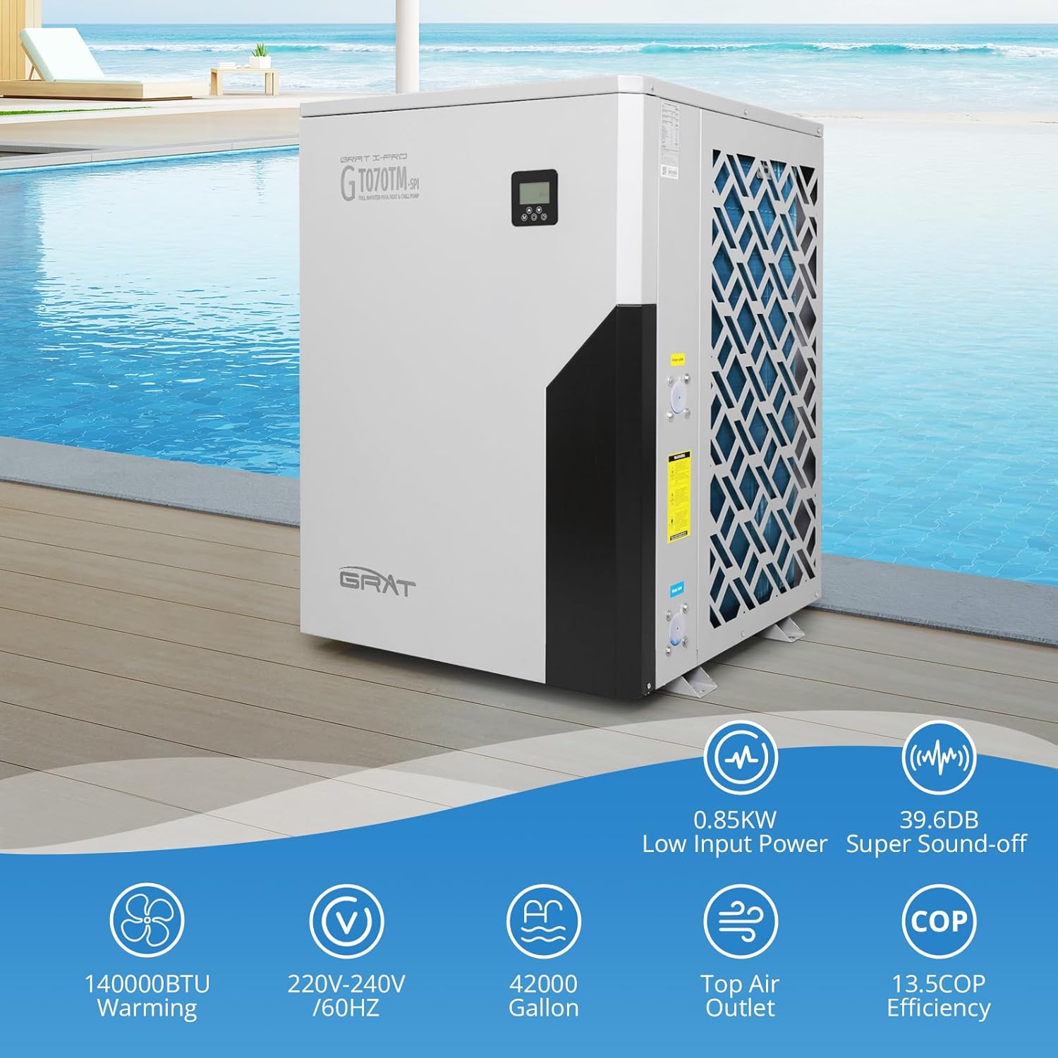GRAT Full Inverter Heat Pump for Hot Tub and Bath, 140,000BTU Swimming Pool Heater, 42000 Gallons, for Above Ground and In ground Pools, WiFi Capable Timer, Heating and Cooling, Defrosting, 220-240V