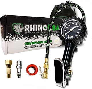 Rhino USA Tire Inflator with Pressure Gauge (0-100 PSI) - ANSI B40.1 Accurate, Large 2" Easy Read Glow Dial, Premium Braid...