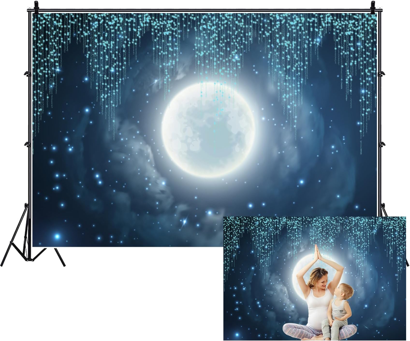 CORFOTO Fabric 15x10ft Moon Backdrop Photography Blue Starry Sky Crescent Cumulus Picture For Newborn Baby Shower Birthday Party Kids Girl Art Portrait Photoshoot Background Bedroom Wall Decor Prop - View #4