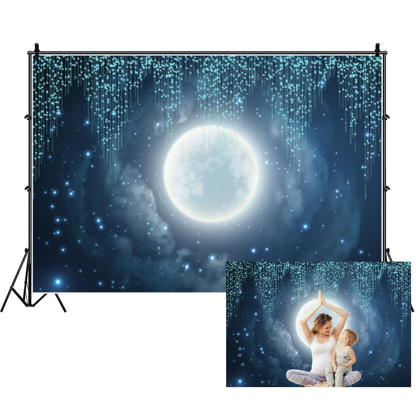 Renaiss 10x6.5 ft Moon and Star Backdrop Fabric Starry Night Sky Twinkle Twinkle Little Star Photography Background Blue Glitter Moon Night Photo