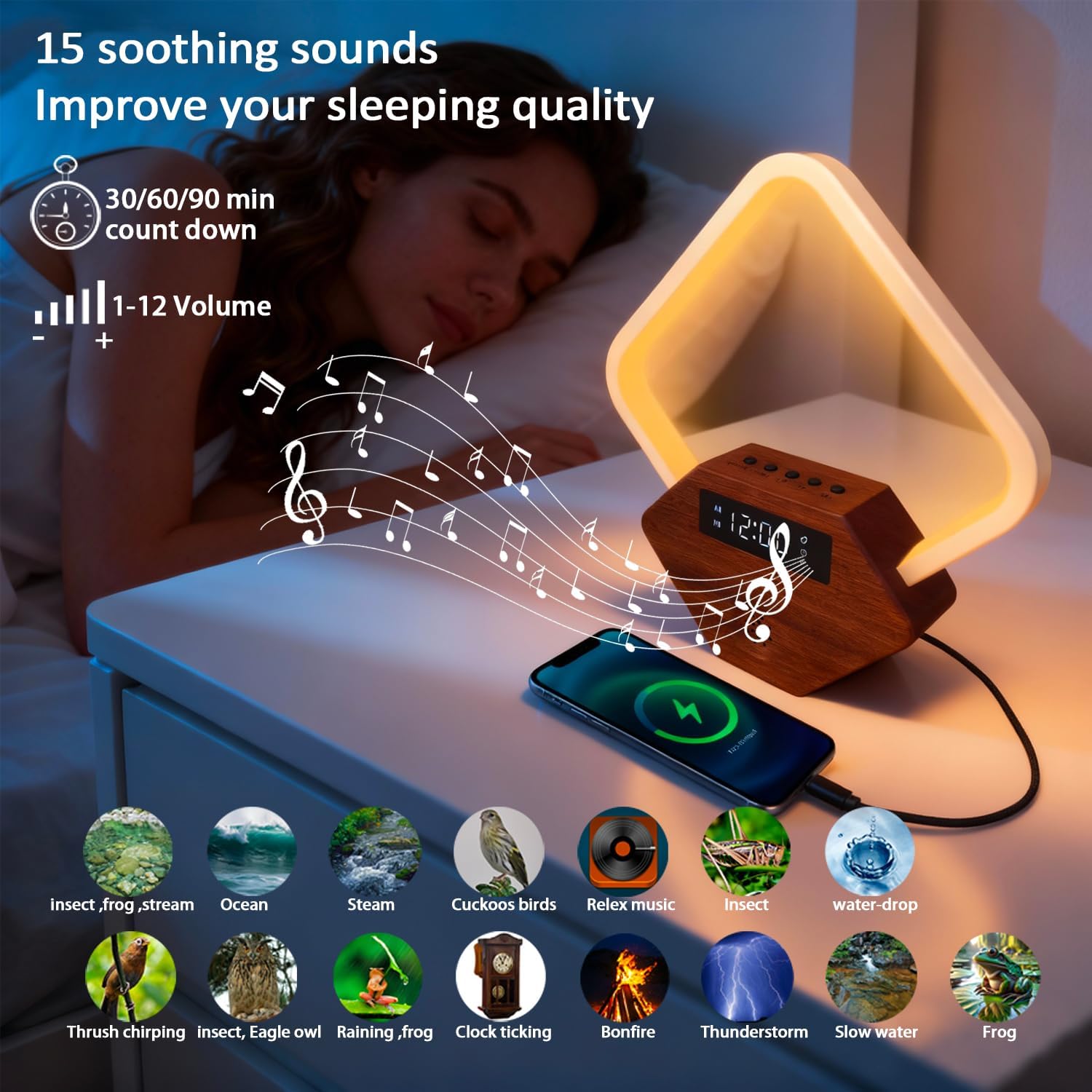 Sunrise Alarm Clock for Bedrooms Heavy Sleepers 15 Sleep Sounds White Noise Machine Baby/Adults 3 Color Table Lamp 10 Ringtones with PD22.5W USB C Fast Charger Birthday Gifts for Women