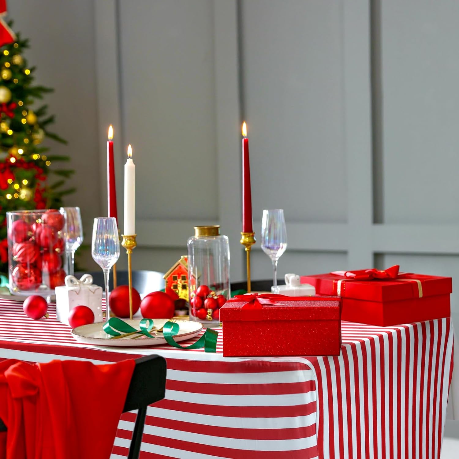 2 Pack 6ft Rectangular Spandex Tablecloth, Red White Striped Tablecloth, Fitted & Wrinkle Resistant, Washable Table Cover for Wedding, Circus Carnival Event Decorations