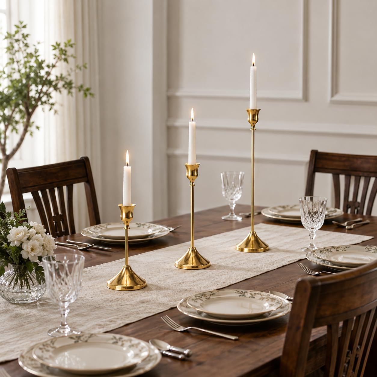 9 Pcs Gold Taper Candle Holders, 3 Heights Aluminum Candlestick Set