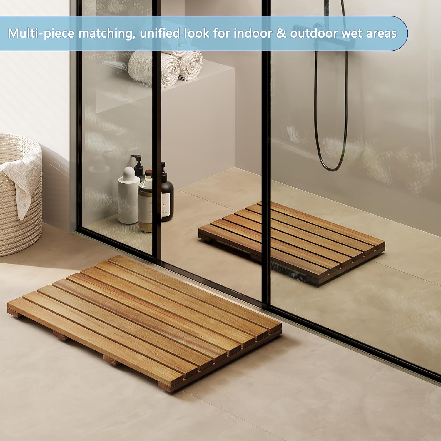 19.7"x13" Solid Acacia Wood Shower Mat, Non Slip Wooden Bath Mat, Indoor Outdoor Entryway Door Mat Multi-Purpose Plant Stand for Shower Bathtub Pool Spa Garden (Small)