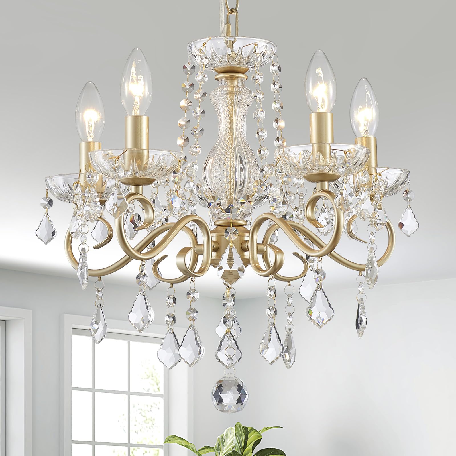 Saint Mossi 5-flammiger Kristall-Kronleuchter Moderne Hängeleuchte für Esszimmer, Schlafzimmer & Wohnzimmer mit Klaren Kristallen, Gold Lackierter Rahmen (H40x B43x L43 cm) E14 Fassung