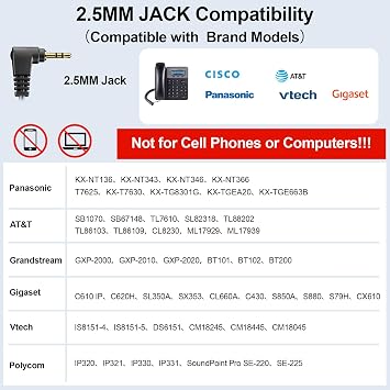 Wantek Phone Headset 2.5mm Jack with Microphone & Volume Control, Noise Cancelling Telephone Headsets for Panasonic Vtech AT&T, Cisco, Polycom, Gigaset Cordless Landline Office Phones(Black)