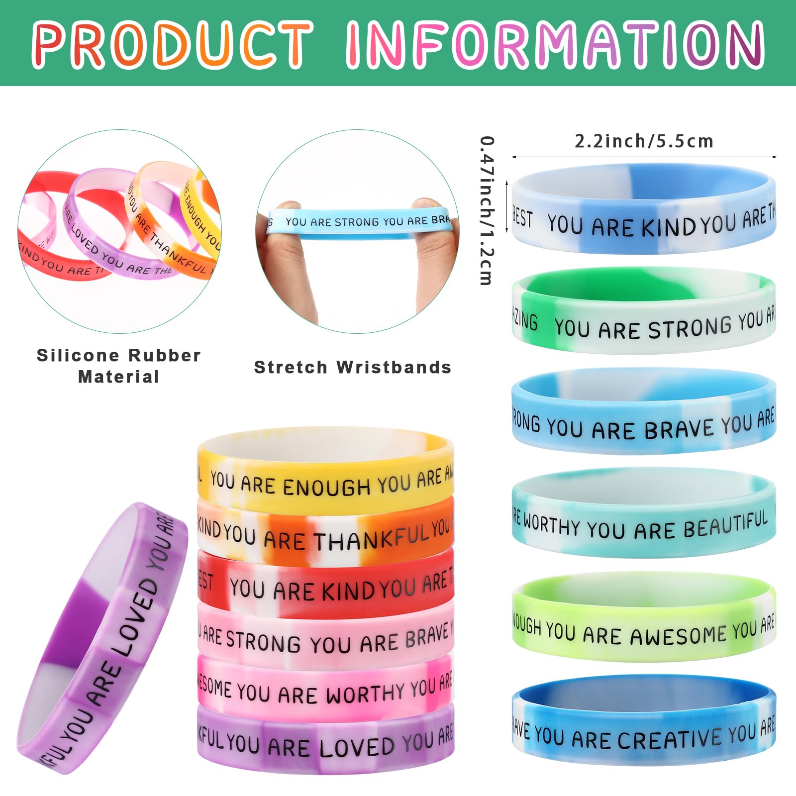 Roowest 120 Pcs Motivational Wristbands Bulk for Student Inspirational Rubber Bands Stretch Affirmation Silicone Bracelet Back to School Class Prizes Teacher Gifts for Kids(Gradient Color)