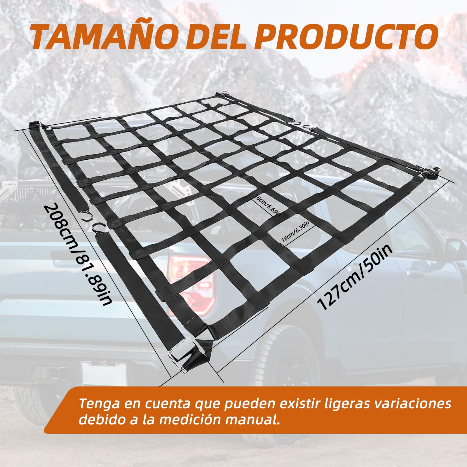 Red de seguridad para espacio de carga, 208 x 127 cm, red de equipaje ajustable para zona de carga y maletero, incluye 4 ganchos y correas ajustables de sujeción, compatible con paneles Van