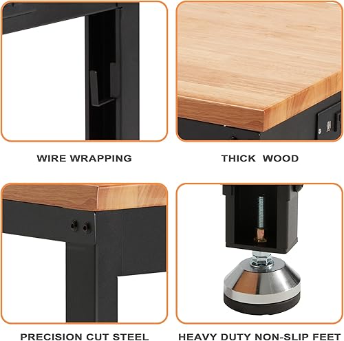 Miniatura 4 de Haddockway Banco de trabajo ajustable para garaje, mesa de trabajo superior de madera de goma de 60 x 22 pulgadas con tomas de corriente, capacidad